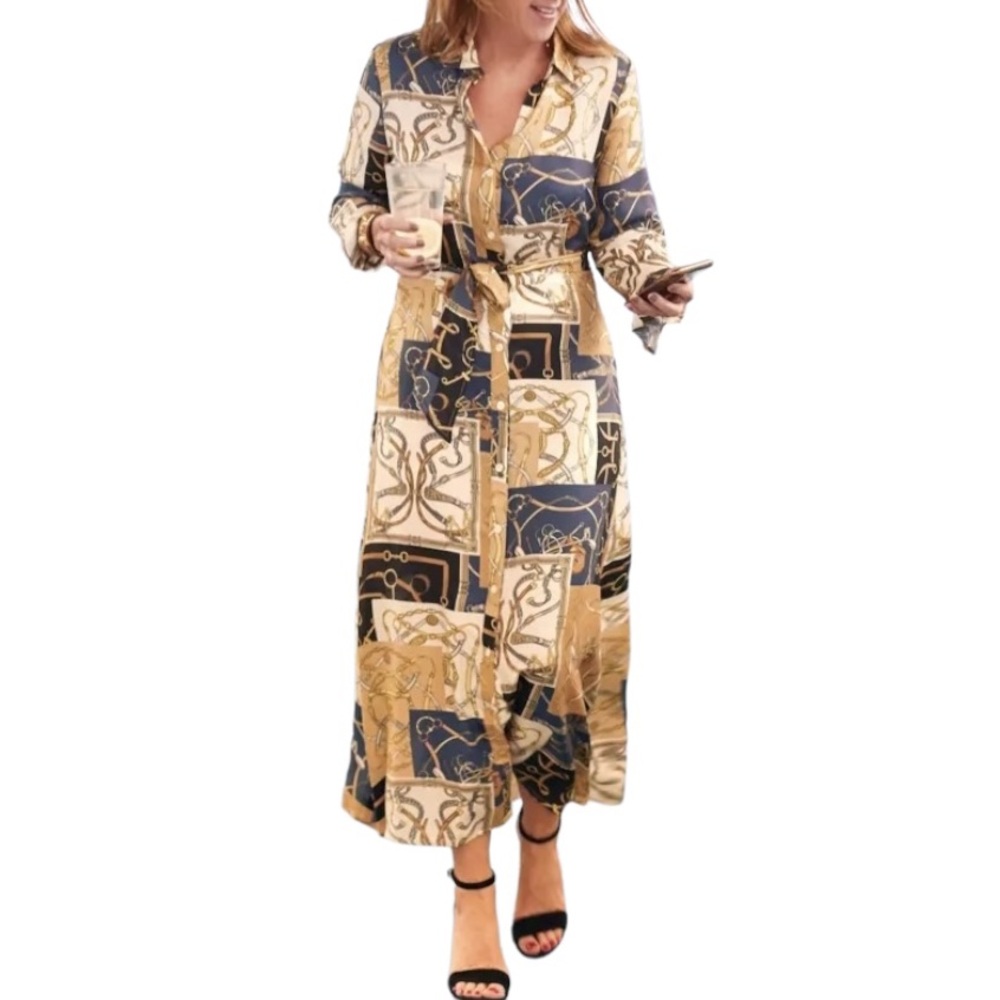 J. McLaughlin Mallory Silk Equestrian Printed Tie Waist Midi Dress  Shirtdress S